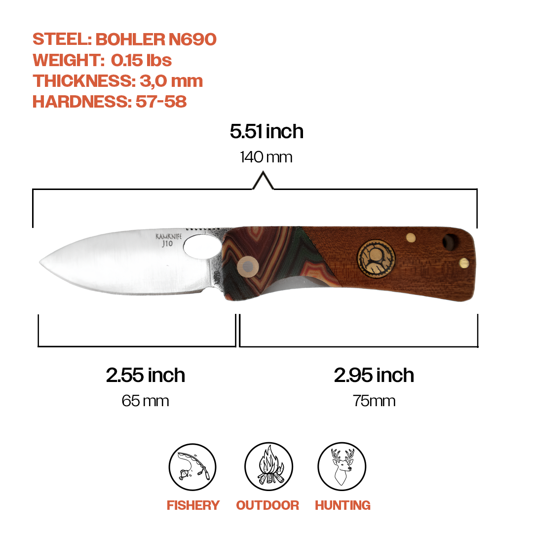 Kam Knife - J10 - N690 Steel - Maun Wood Handle - Pocket Knife