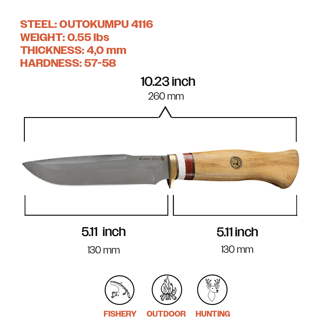 Kam Knife - Fixed-Blade Knife OUTOKUMPU  Stainless Steel 4116 with 5.11" Blade EDC Knife; Acacia Wood Handle Camping Knife; Large Hunting Knife Perfect for Outdoors and Hiking - Kam Knife US