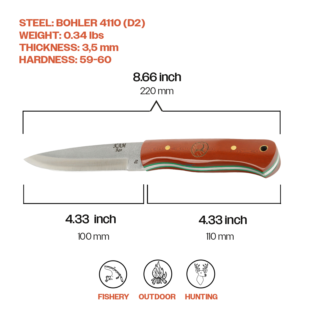 Kam Knife - Fixed-Blade BÖHLER Knife Stainless Steel D2 with 4.33" Blade EDC Knife; Micarta and Green Linen Handle Camping Knife; Large Hunting Knife Perfect for Outdoors and Hiking - Kam Knife US