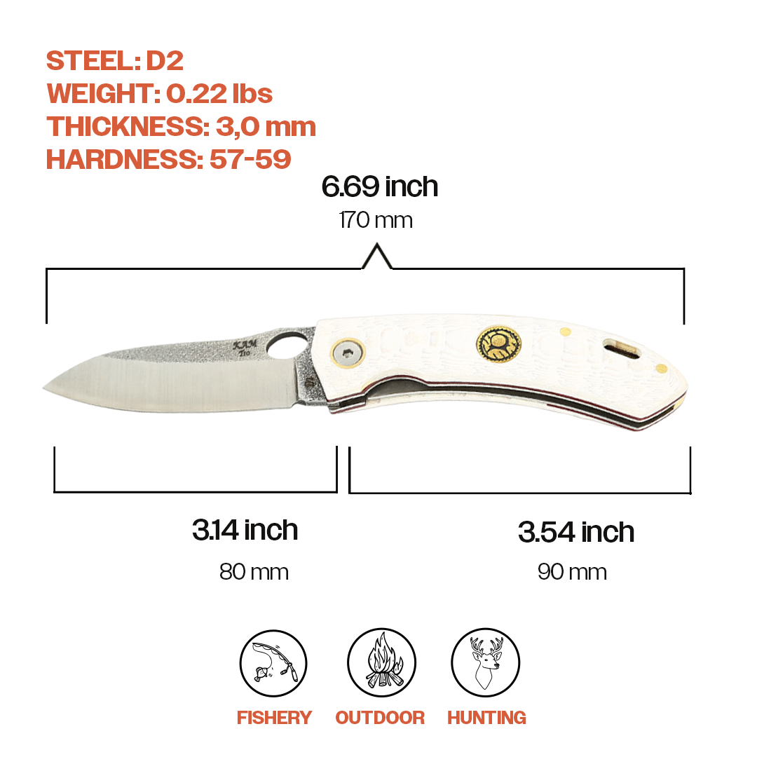 Kam Knife - Folding Knife Stainless Steel D2 with 3.14" Blade EDC Knife; White Handle Camping Knife; Small Hunting Knife Perfect for Outdoors and Hiking - Kam Knife US