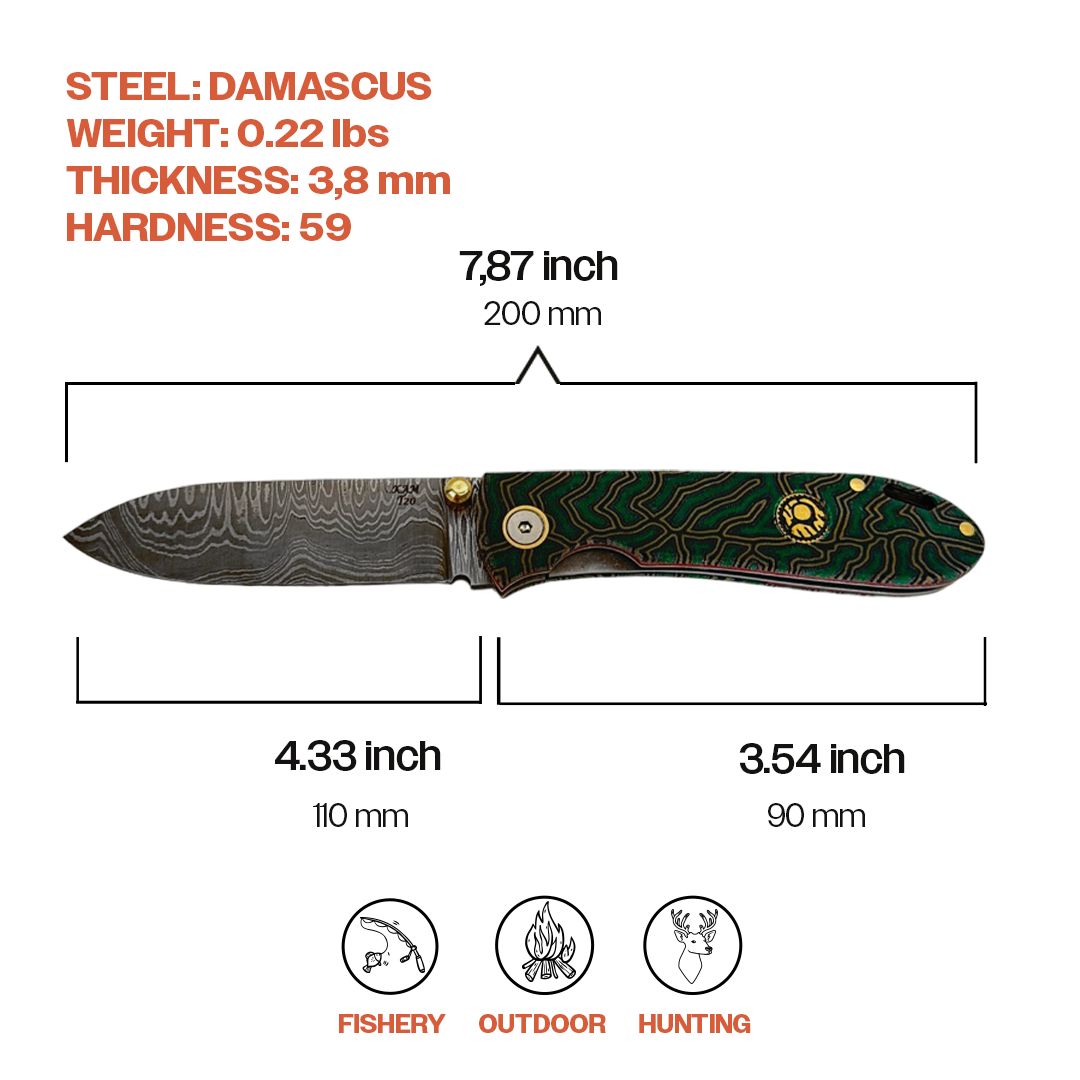 Kam Knife – Damascus Pocket Knife Survival EDC Knife with 3.14" Damascus Folding Knife Blade; Small Hunting Knife Perfect for Outdoors, Camping and Hiking - Kam Knife US